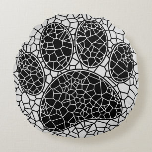 Mosaic Art Dog Paw Print In Black And White Round Cushion