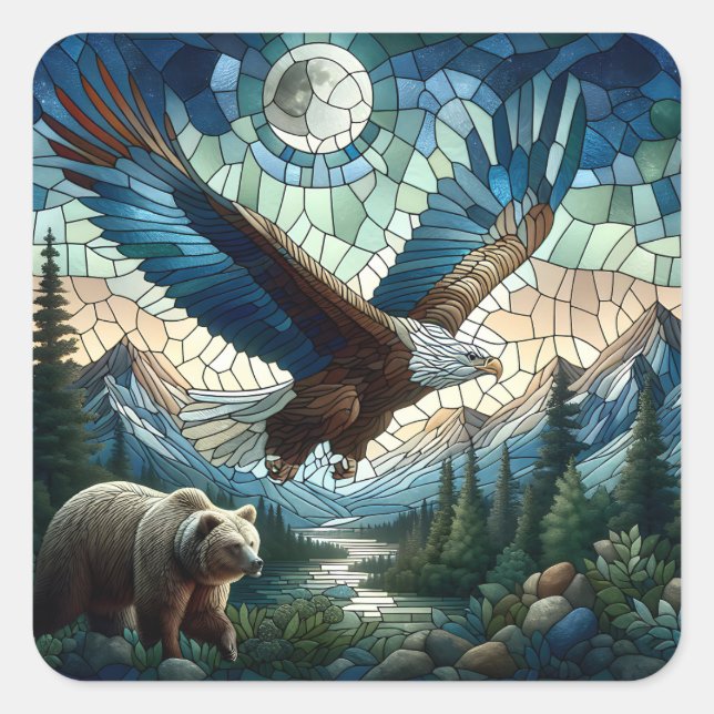 Mosaic Bear and Eagle in the Mountains Ai Art Square Sticker (Front)