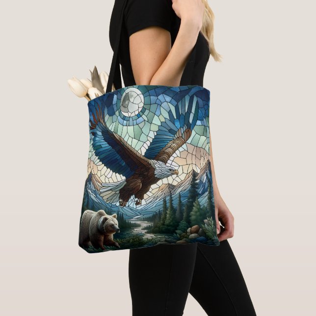 Mosaic Bear and Eagle in the Mountains Ai Art Tote Bag (Close Up)