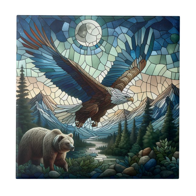 Mosaic Bear and Eagle in the Mountains  Ceramic Tile (Front)