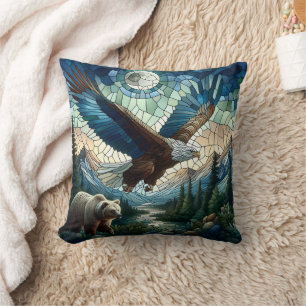 Mosaic Bear and Eagle in the Mountains Cushion