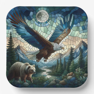 Mosaic Bear and Eagle in the Mountains Paper Plate
