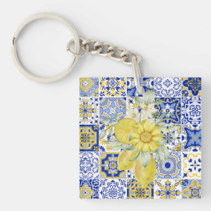Mosaic Blooms in Blue and Yellow Key Ring