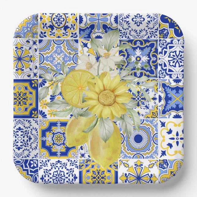Mosaic Blooms in Blue and Yellow  Paper Plate (Front)