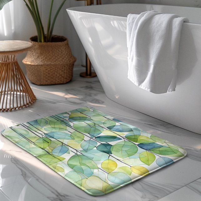 Mosaic Botanical Watercolor Art Leaves Pattern Bath Mat (Creator Uploaded)