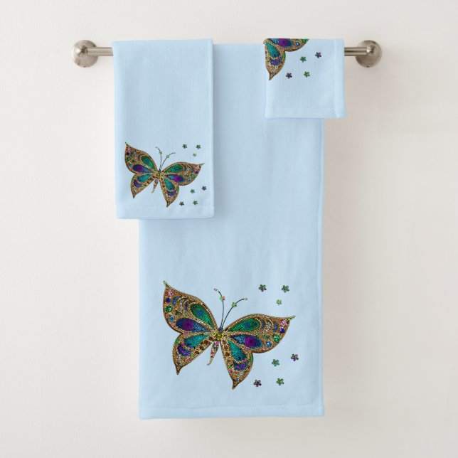 Mosaic Butterfly Blue Bath Towel Set (Insitu)