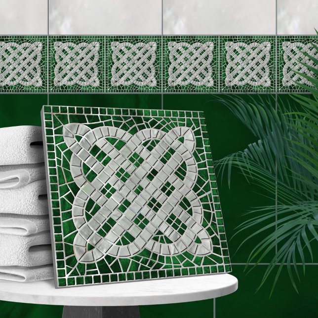 Mosaic Celtic knot - green marble and pearl Ceramic Tile (Creator Uploaded)