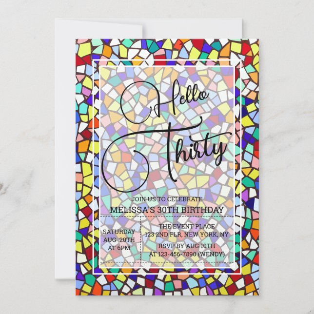 Mosaic Colourful & Fun Hello Thirty 30th Birthday Invitation (Front)