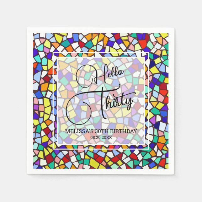 Mosaic Colourful & Fun Hello Thirty 30th Birthday Napkin (Front)