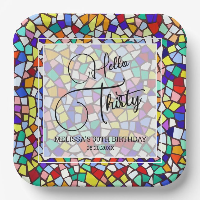 Mosaic Colourful & Fun Hello Thirty 30th Birthday Paper Plate (Front)