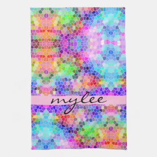 Mosaic Colourful Rainbow Pink Blue Abstract Funky Tea Towel