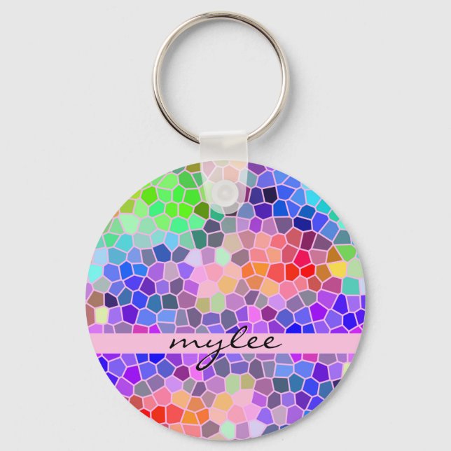 Mosaic Colourful Rainbow Pink Monogram Abstract Key Ring (Front)