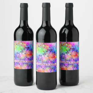 Mosaic Colourful Rainbow Pink Monogram Abstract Wine Label