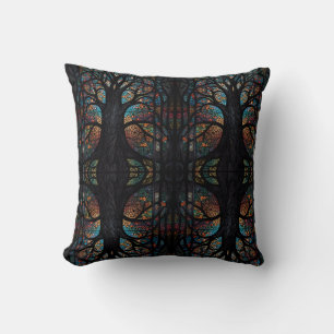 Mosaic Dark Forest Abstract Trees  Cushion