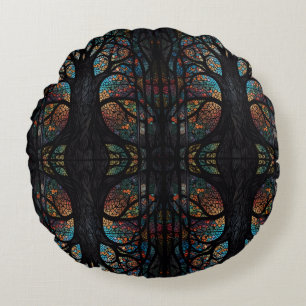 Mosaic Dark Forest Abstract Trees  Round Cushion