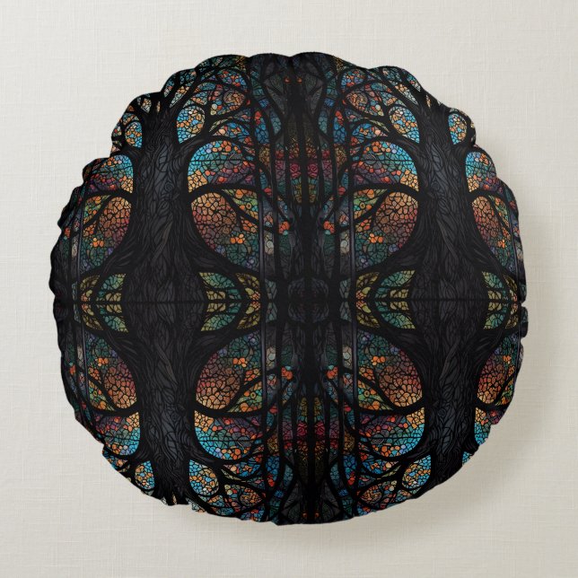 Mosaic Dark Forest Abstract Trees  Round Cushion (Front)