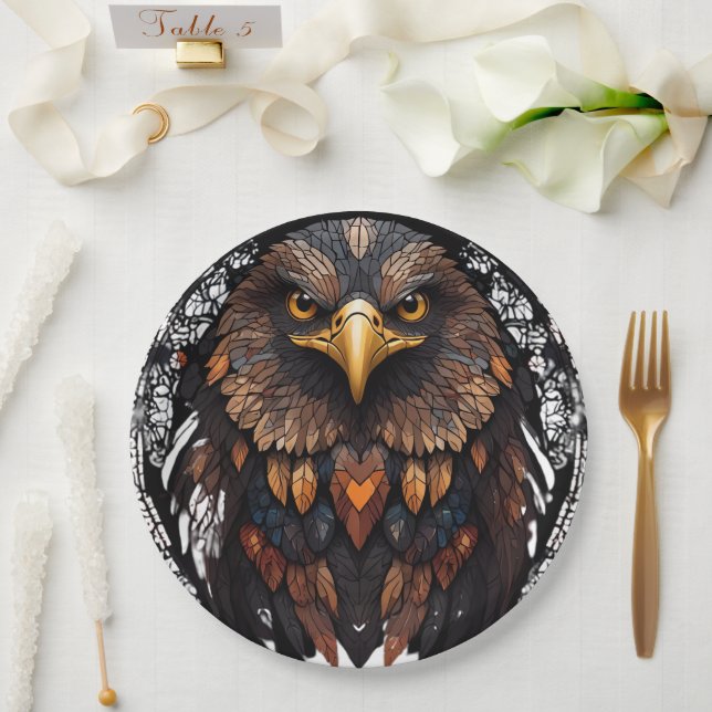 Mosaic Eagle Portrait Round Pillow Paper Plate (Wedding)
