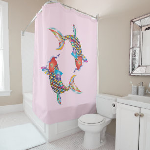 Mosaic Fish on Pink Shower Curtain