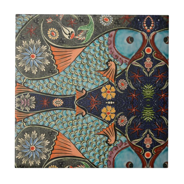 Mosaic Fish Teal / Turquoise Modern Pattern Unique Ceramic Tile (Front)