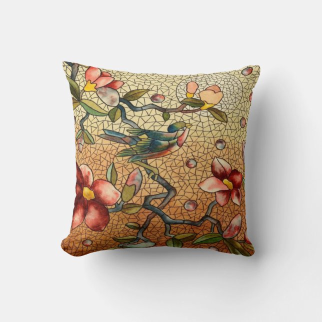 Mosaic Floral/Bluebird Throw Pillow (Front)