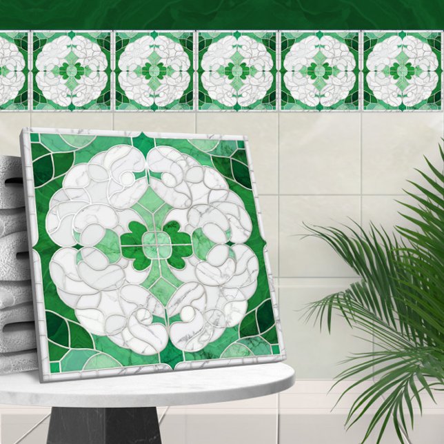 Mosaic Flourish Marble Ornament Green and White Ceramic Tile (Creator Uploaded)
