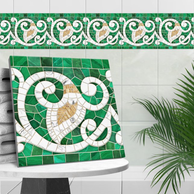 Mosaic Flourish Marble Ornament Green and White Ceramic Tile (Creator Uploaded)