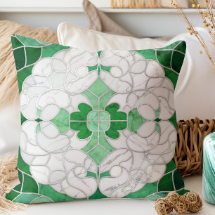 Mosaic Flourish Marble Ornament Green and White Cushion