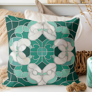 Mosaic Flourish Marble Ornament Green and White Cushion