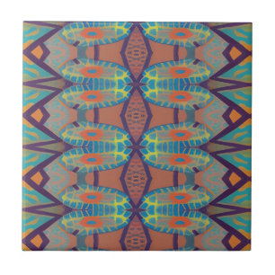 Mosaic geometric design green orange mauve lines  ceramic tile