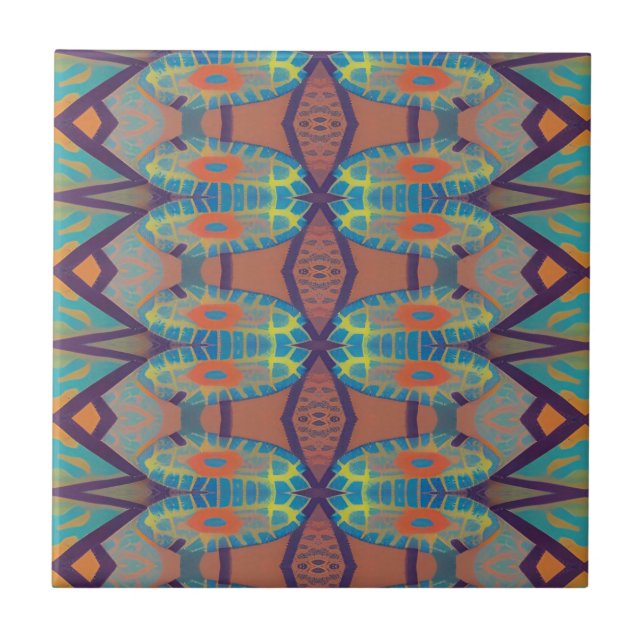 Mosaic geometric design green orange mauve lines  ceramic tile (Front)