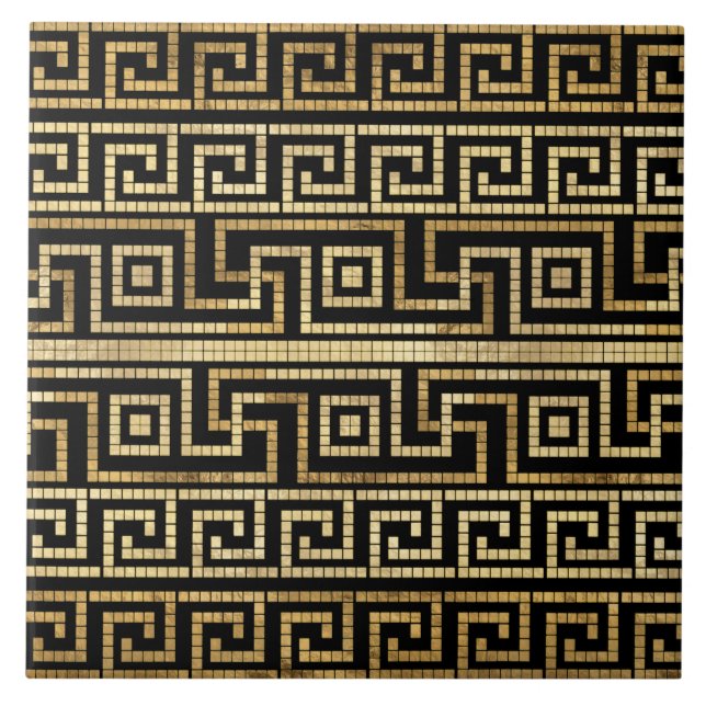 Mosaic Greek Meander Greek Key Black and Gold Ceramic Tile (Front)