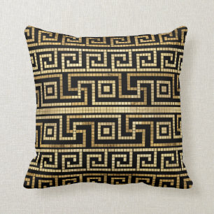 Mosaic Greek Meander Greek Key Black and Gold Cushion