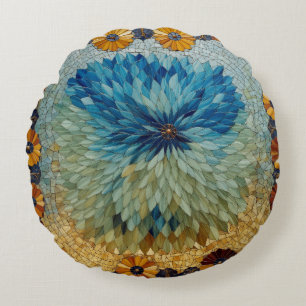 Mosaic Green Blue Floral Round Cushion