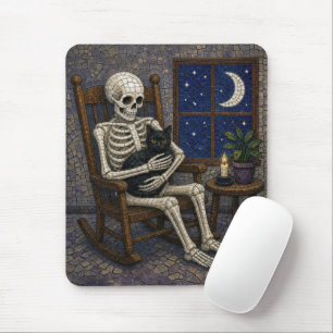 Mosaic Halloween Skeleton and Black Cat Mouse Pad