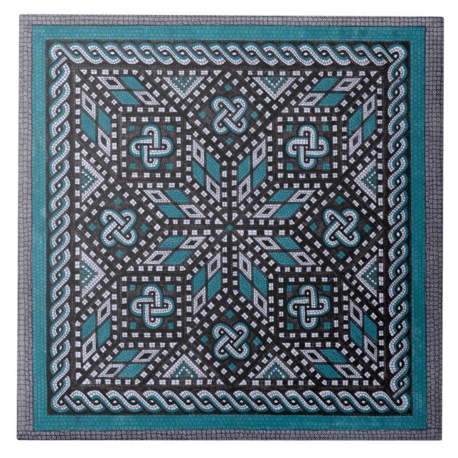 Mosaic illustration black grey and matisse blue ceramic tile (Front)
