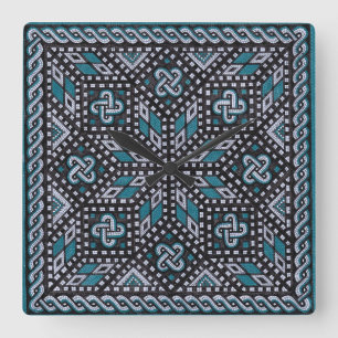 Mosaic illustration black grey and Matisse blue Square Wall Clock