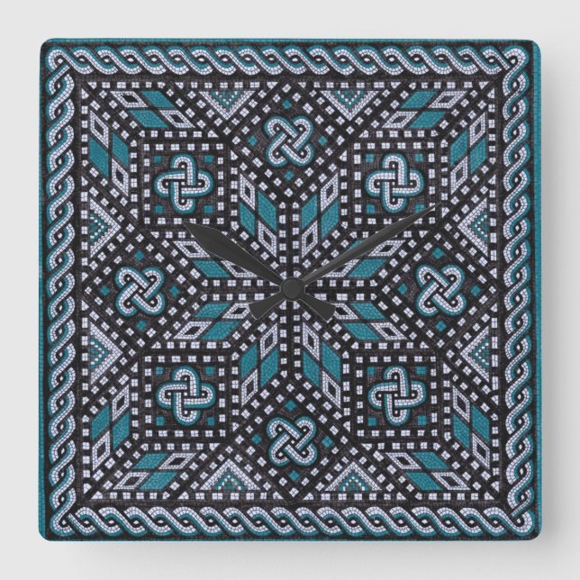 Mosaic illustration black grey and Matisse blue Square Wall Clock (Front)