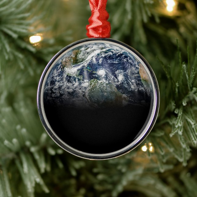 Mosaic Image Of Planet Earth With 3 Hurricanes Metal Ornament (Tree)