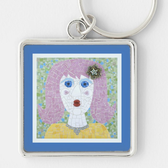 Mosaic - Ingrid with Blue & Ivory Border Key Ring (Front)