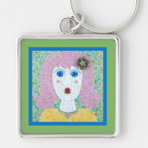 Mosaic - Ingrid with Green & Blue Border Key Ring