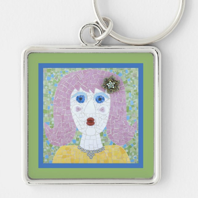 Mosaic - Ingrid with Green & Blue Border Key Ring (Front)