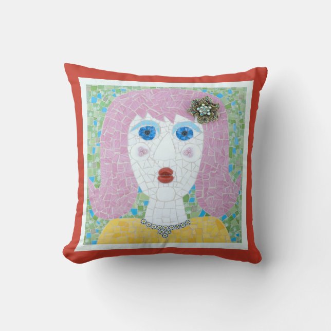Mosaic - Ingrid with Red Orange & Ivory Border Cushion (Front)