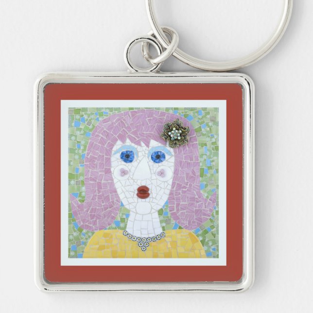 Mosaic - Ingrid with Red Orange & Ivory Border Key Ring (Front)
