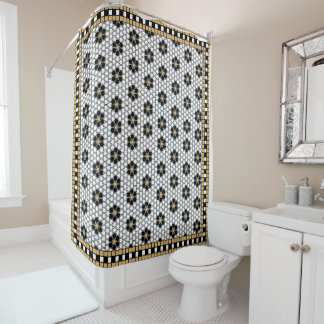 Mosaic Inspired Black White and Gold Shower Curtain