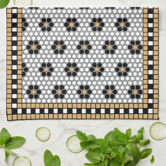 Mosaic Inspired Black White and Gold Tea Towel (Folded)