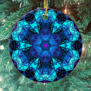 Mosaic Kaleidoscope Flower Blue and Purple Ceramic Ornament