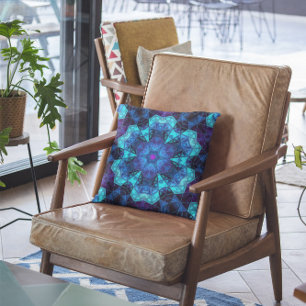 Mosaic Kaleidoscope Flower Blue and Purple Cushion
