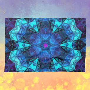 Mosaic Kaleidoscope Flower Blue and Purple Tea Towel