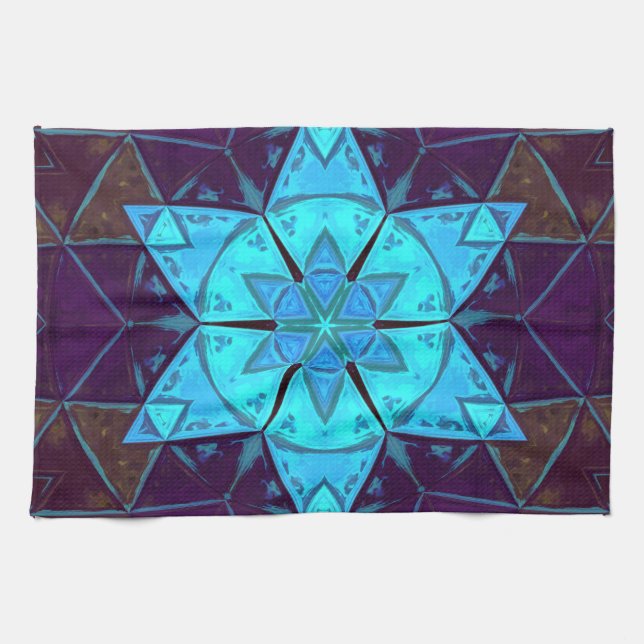 Mosaic Kaleidoscope Flower Blue and Purple Tea Towel (Horizontal)