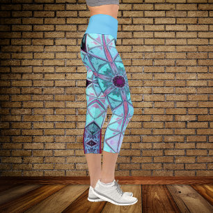 Mosaic Kaleidoscope Flower Blue and Red Leggings